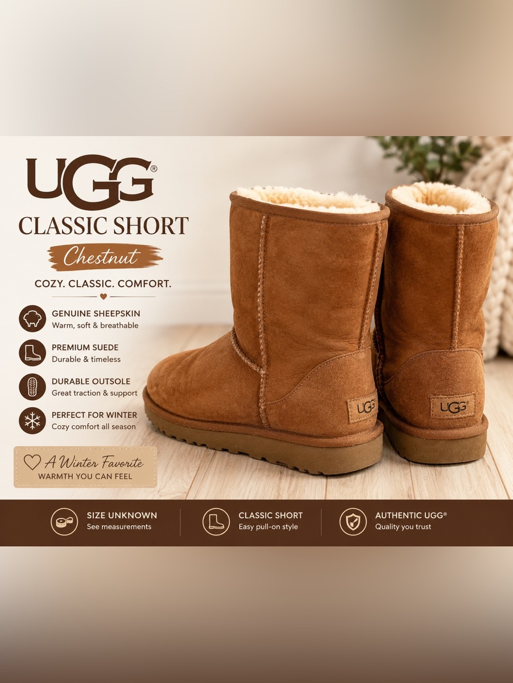 UGG Classic Short Chestnut Sheepskin Boots Women’s Brown Suede Winter Boots Cozy